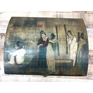Vtg  Japanese Hand Painted Wooden Jewelry Box With Traditional Scene Dome Top